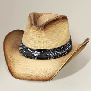 Metal Steer Head Emblem Studded Leather Band Western Straw Cowboy Fedora Hat